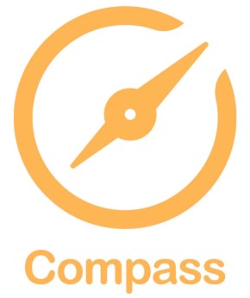 Compass logo, an orange compass with orange letters