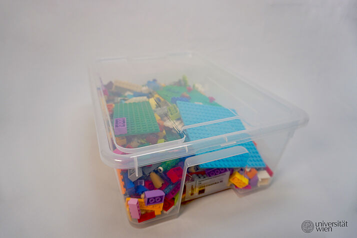 eine transparente Box gefüllt mit LEGO-Steinen