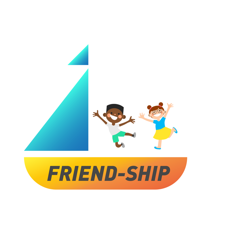Friend-ship Logo, ein Segelschiff mit zwei lachenden Kindern