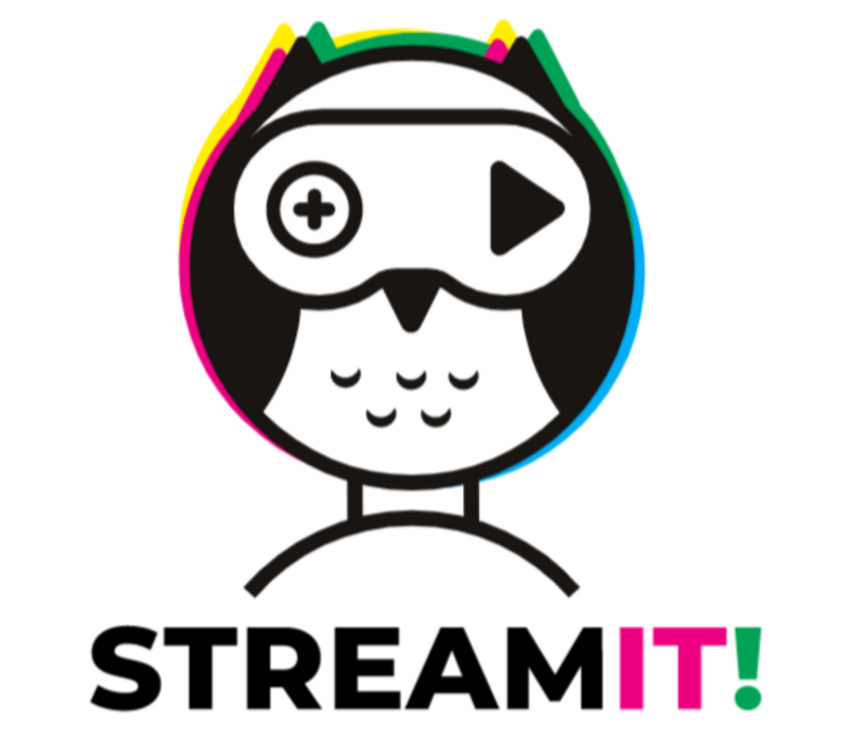 StreamIT logo; an owl with plus and play symbols instead of eyes