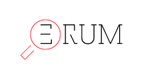 ERUM logo, black letters with red magnifying glass around the 