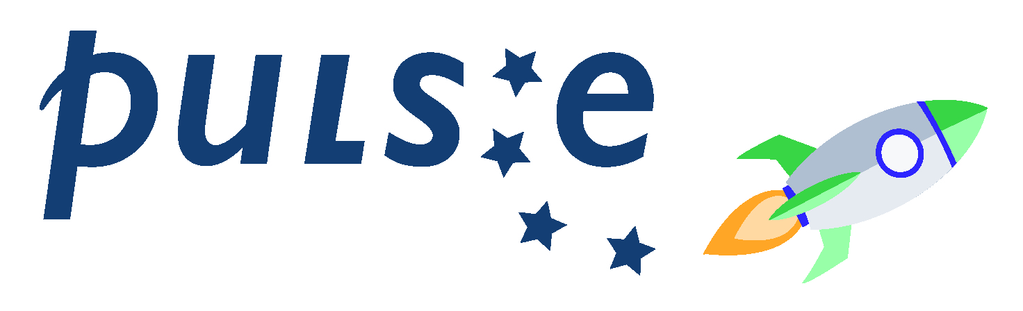 Pulse-Logo, ein Schriftzug mit vier Sternen und einer Rakete